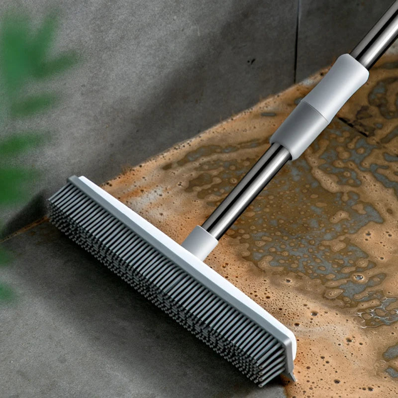 Broom Carpet Rake with Squeegee Long Handle for Pet Hair Fur Remover Broom for Fluff Carpet Hardwood Floor No Scratch